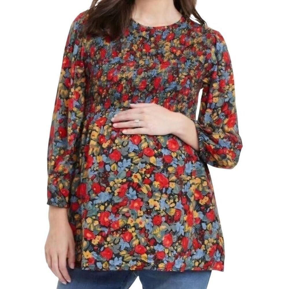 NWT Ingrid & Isabel Top Women's Large Maternity Floral Smocked Long Sleeve